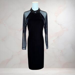 Vintage Jessica Howard Women's Velvet Dress Size 16 Black Glam Siren Goth Sheer